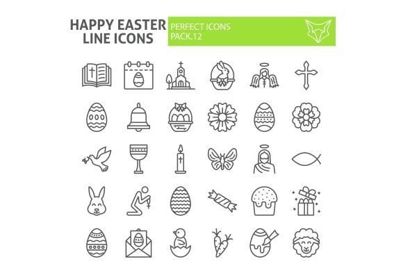 Happy Easter Line Icon Set and Icons