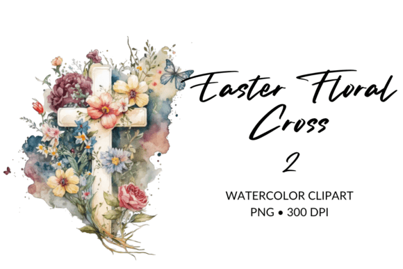 Watercolor Easter Floral Cross Clipart 2 Illustrations