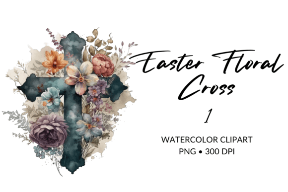 Watercolor Easter Floral Cross Clipart and Illustrations